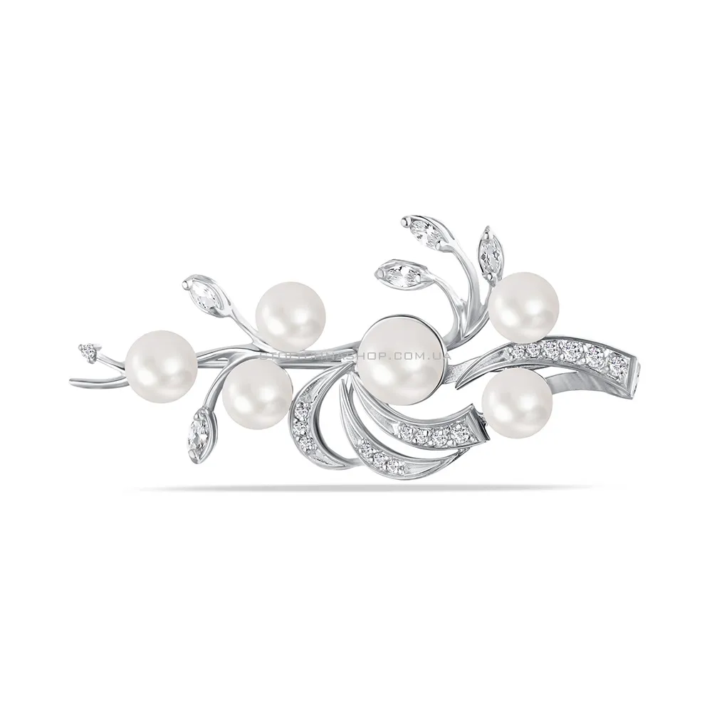 Брошка срібна з перлинами і з фіанітами  (арт. 7505/0854.10жб) - цена