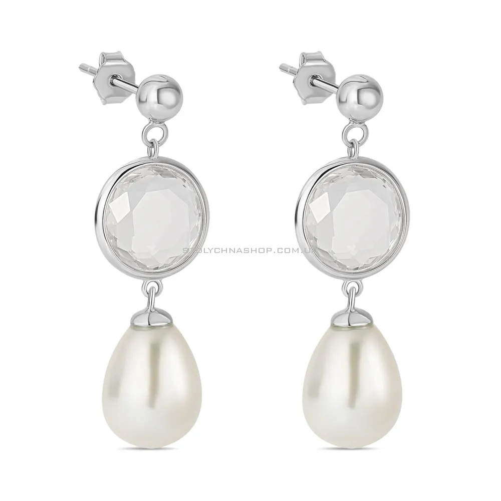 Сережки-підвіски з перлами і фіанітами зі срібла (арт. 7518/5687жб) - цена