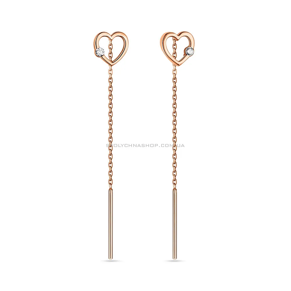 Золоті сережки-ланцюжки "Серце" з фіанітами (арт. 108580) - цена