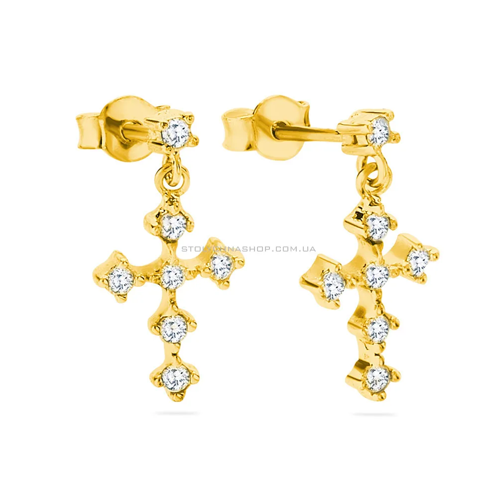 Сережки-пусети з жовтого золота "Хрестики" з фіанітами (арт. 104093ж) - цена