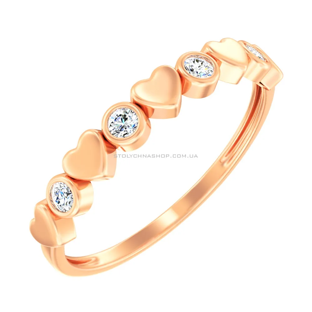 Золотое кольцо «Сердечки» с фианитами (арт. 140786) - цена