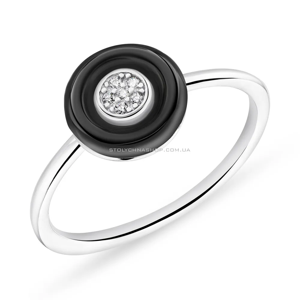Кольцо серебряное с черной керамикой и фианитами  (арт. 7501/5550кмч) - цена
