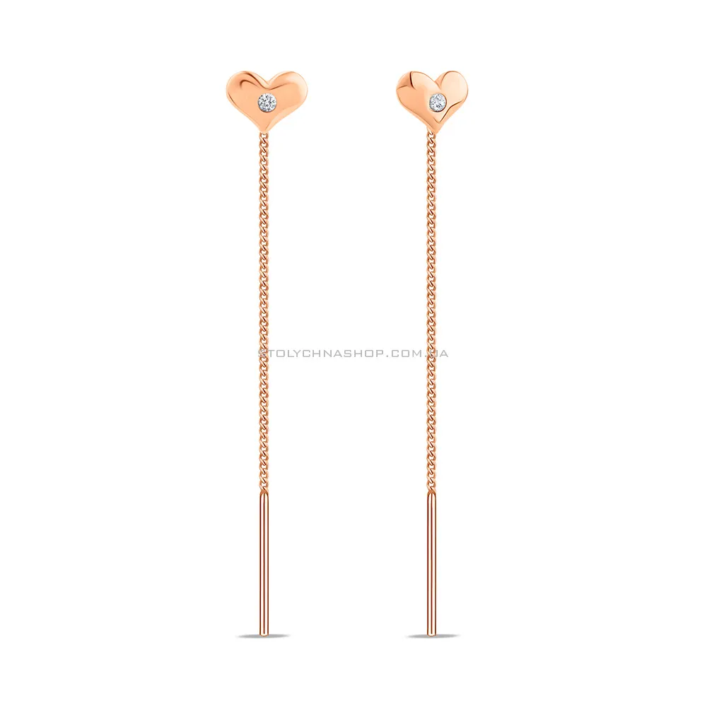 Сережки протяжки з золота Серце з фіанітами (арт. 1091116) - цена