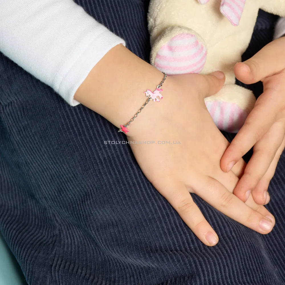 Дитячий срібний браслет "Єдиноріг" з рожевою емаллю  (арт. 7509/3611ер) - 2 - цена