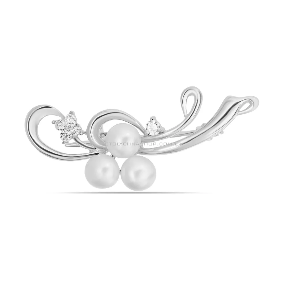 Срібна брошка з перлами і фіанітами (арт. 7505/145жб) - цена
