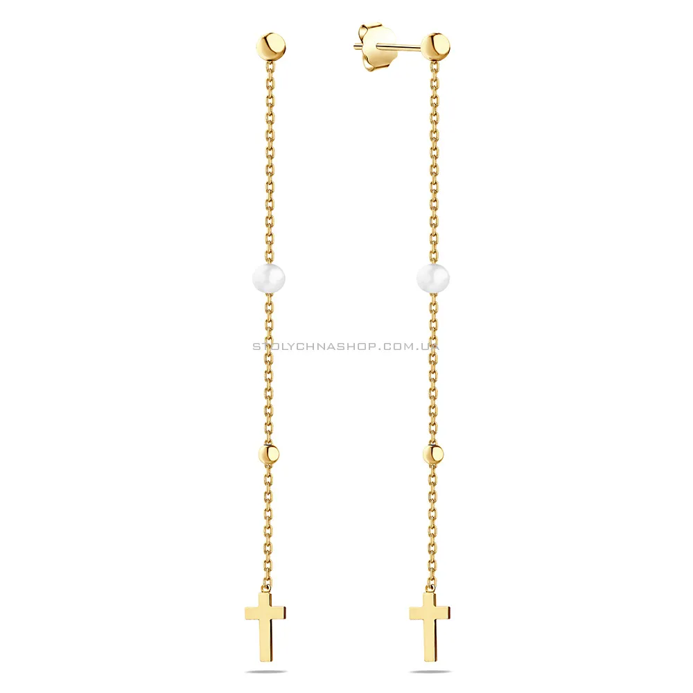 Золоті сережки-підвіски з перлами (арт. 106796жпрлб) - цена