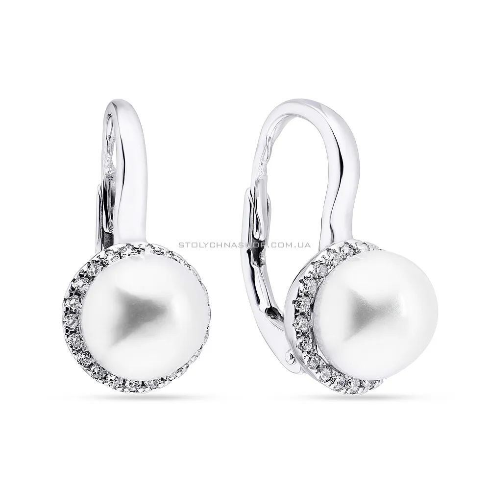 Срібні сережки з перлами і фіанітами (арт. 7502/3413жб) - цена